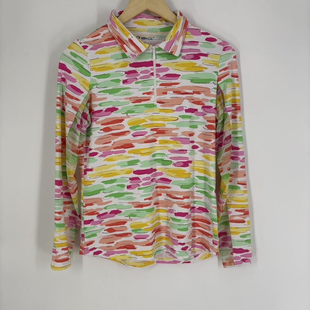IBKUL Polo Shirt Womens Small Multicolor Long Sleeve Quarter Zip Golf Top Print